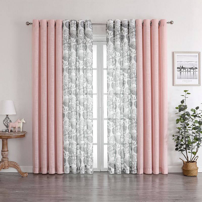 Kate Aurora Biscayne Bay Floral 4 Piece Coordinating Deluxe Flax Styled Sheer Grommet Top Curtains