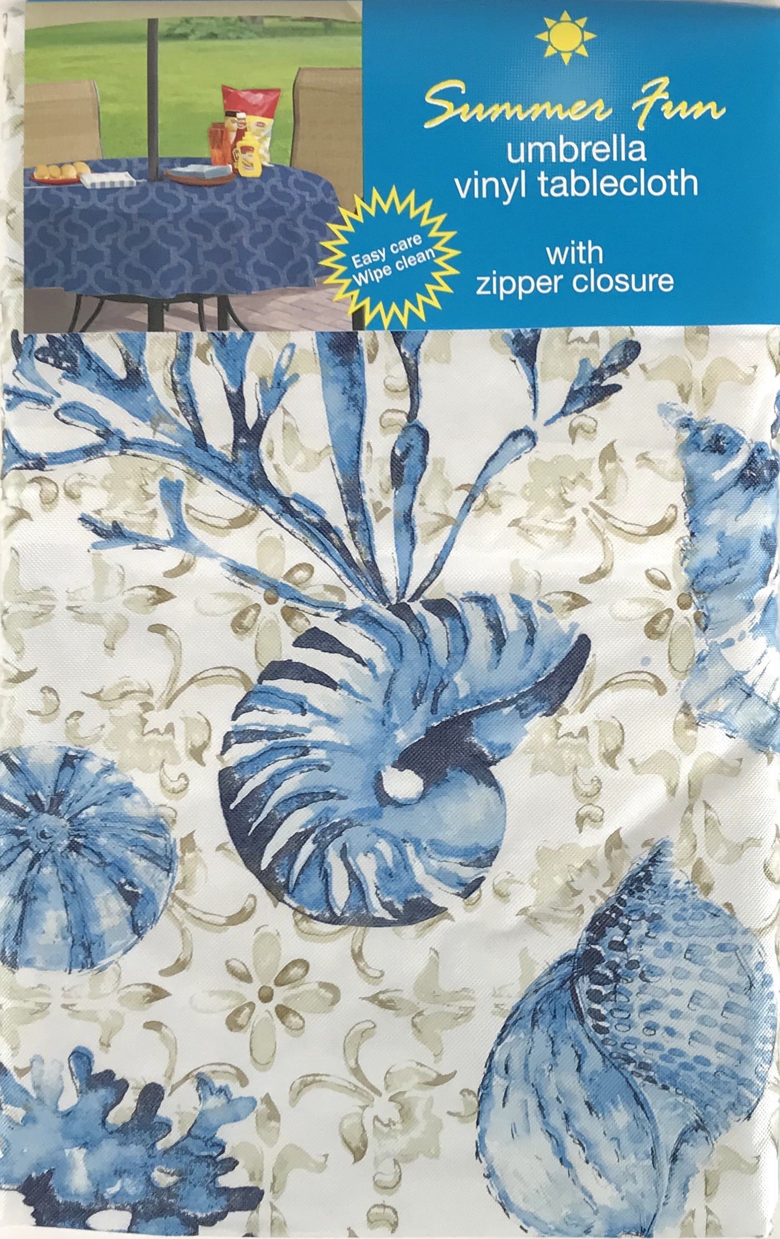 Elrene Summer Ocean Vinyl Tablecloths: Umbrella Hole with Zipper 84" Rectangle, Flannel Backed, Blue Shells Sea Life with Decorative Tan Beige Background