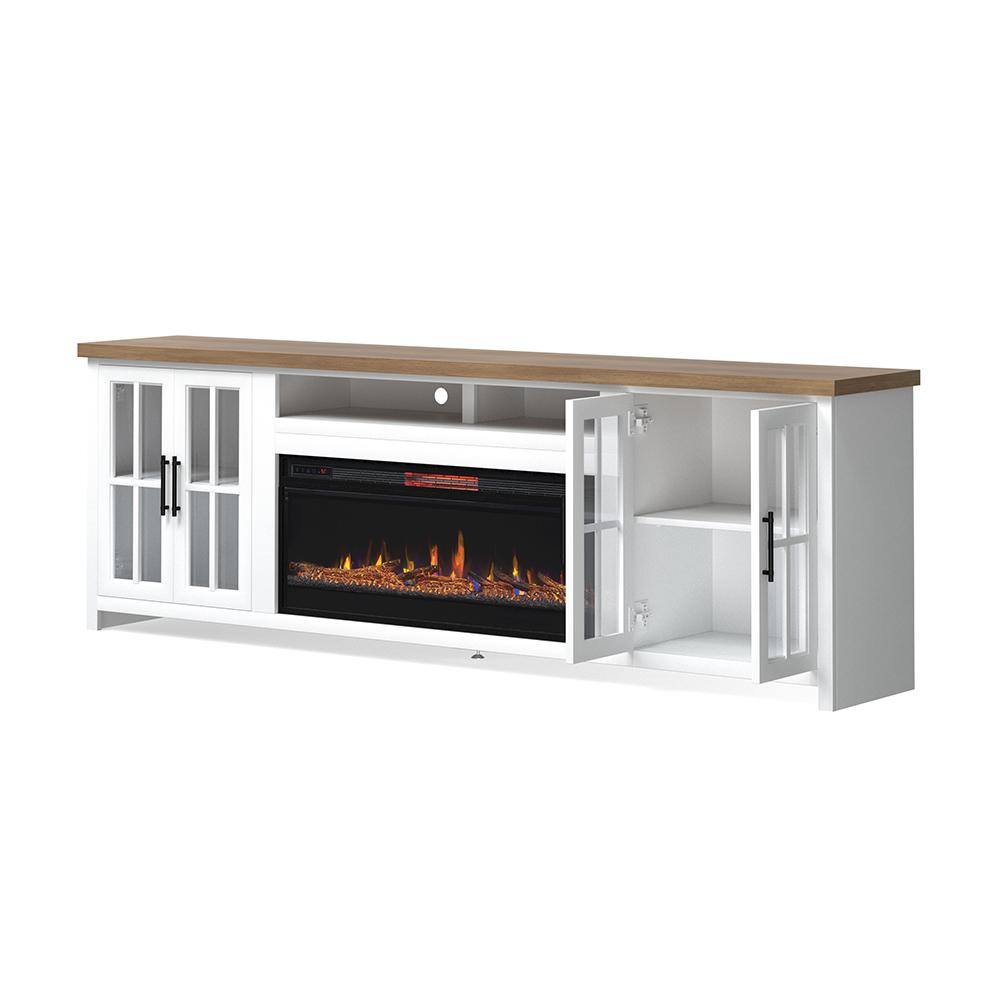 Bridgevine Home 97 in. Fully Assembled White and Brown TV Stand with Electric Fireplace Fits TV's up to 85 in. HT5410.BJW