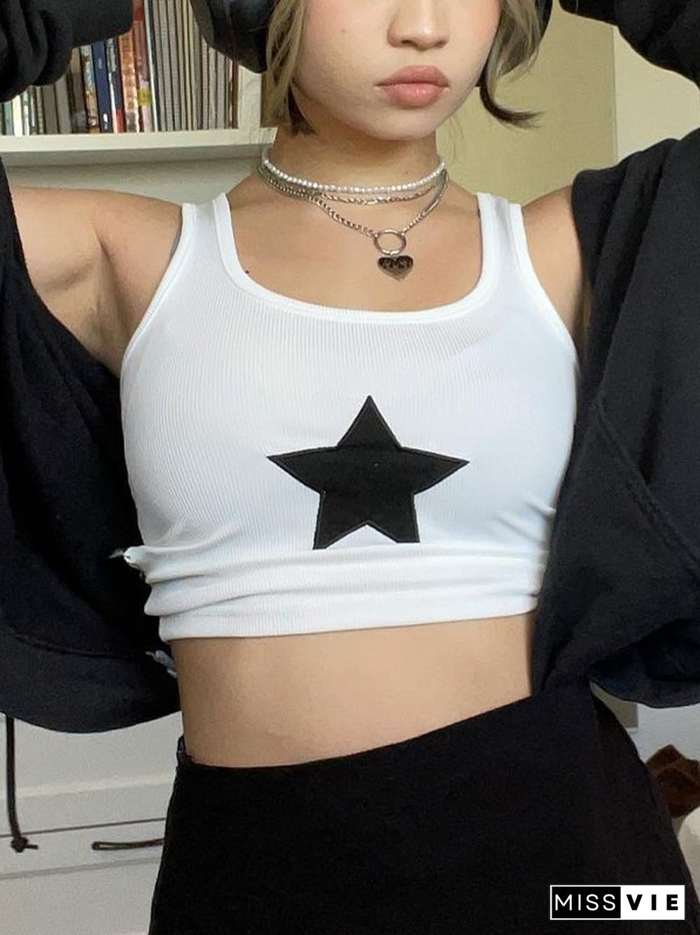 Star Embroidered Rib Cropped Tank Top