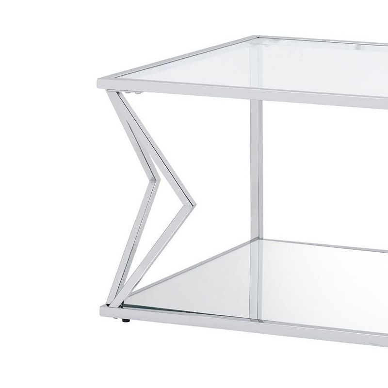 Coffee Table with Glass Top and Bottom Shelf and Geometric Accent， Silver