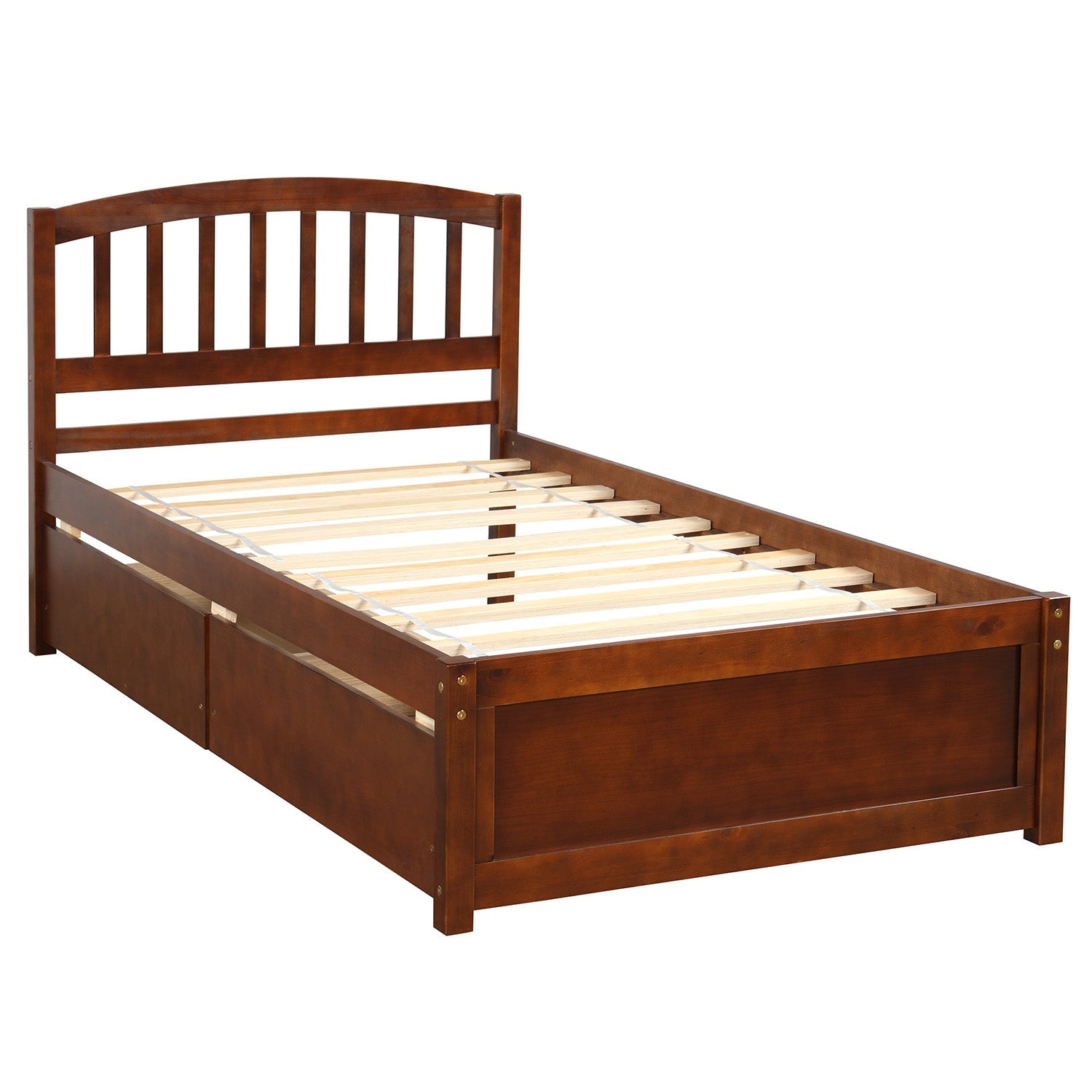 Twin Platform Bed Frame with Storage Drawers, Kids Twin Size Bed Frame No Box Spring Needed, Solid Wood Platform Beds with Headboard and Two Drawers, Modern Single Bed Bedroom Furniture, Walnut, J1169