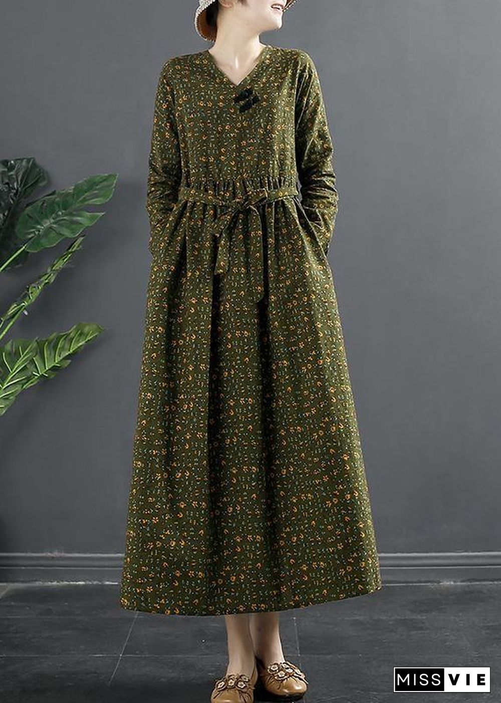 DIY Green Print Quilting Clothes V Neck Maxi Dresses