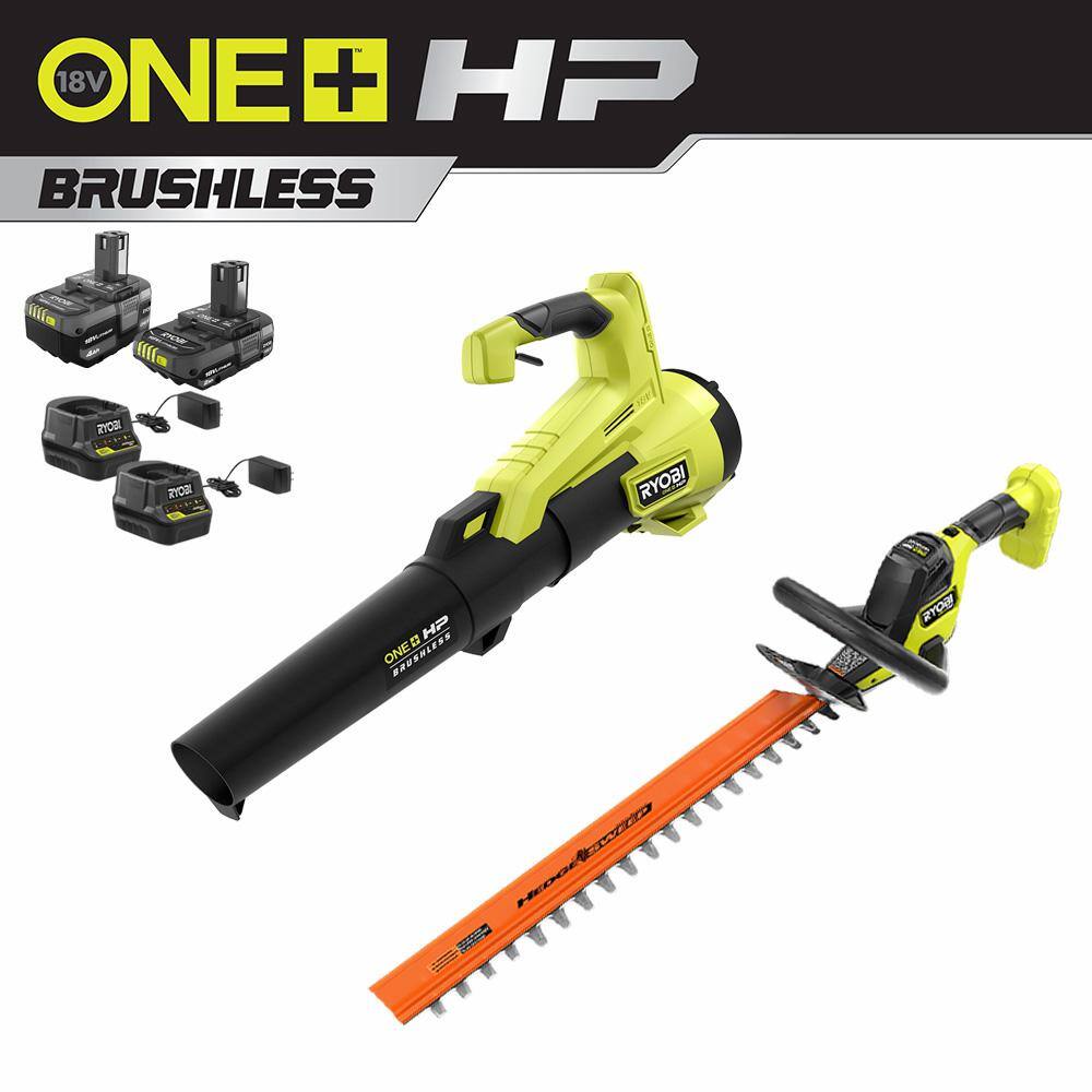 RYOBI ONE+ HP 18V Brushless 110 MPH 350 CFM Cordless Leaf Blower and 22 in. Hedge Trimmer with (2) Batteries and (2) Chargers P21120-HDG2