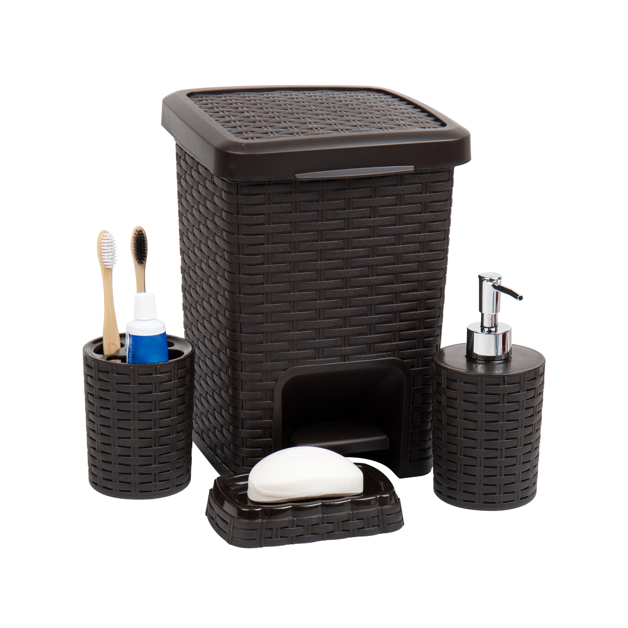 Mind Reader Basket Collection， 4 Piece Bathroom Set includes: Square Wastepaper Pedal Basket， Toothbrush Holder， Liquid Soap Dispenser and Soap Dish， Wicker Style， Bathroom， 4 Piece Set， Brown