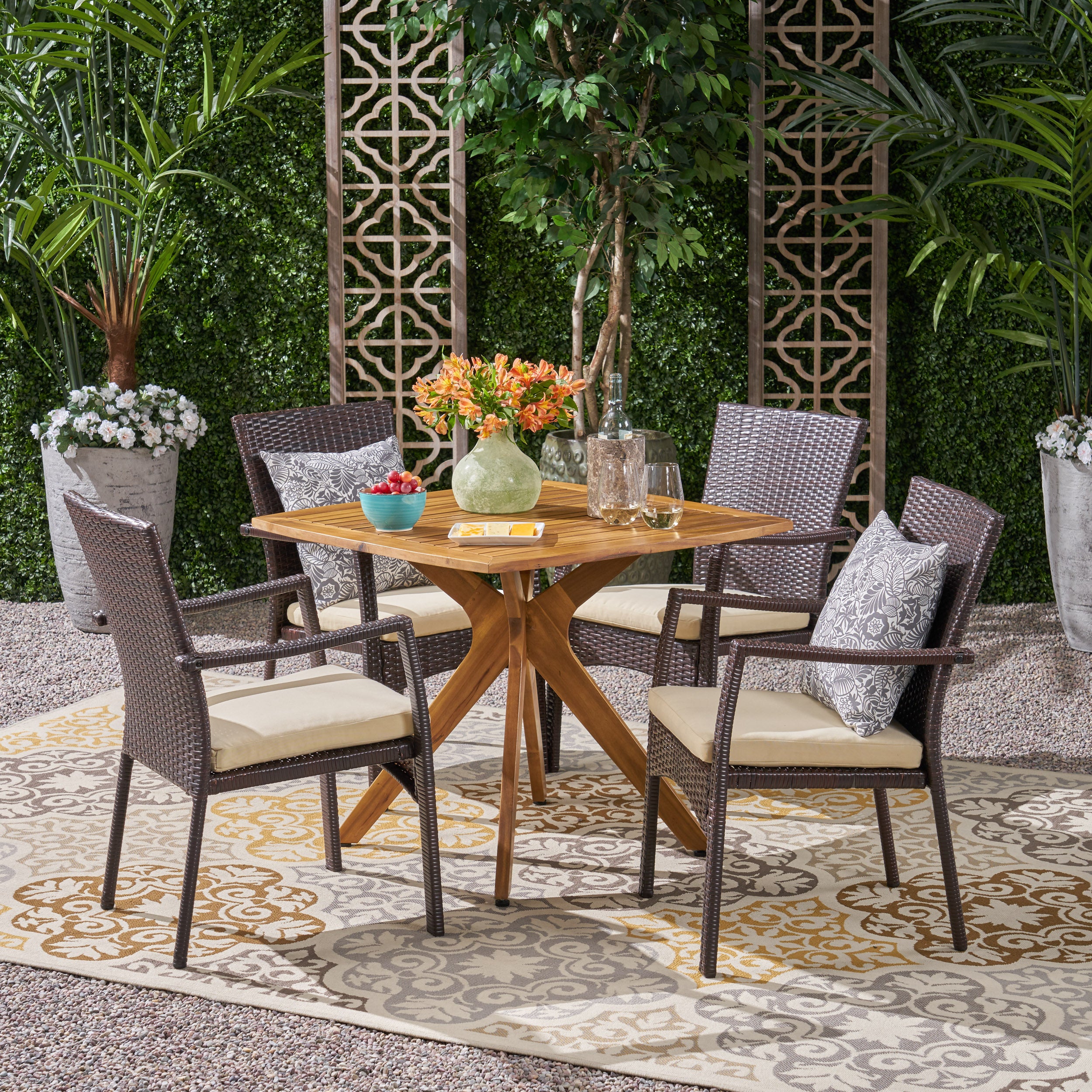 Holmes Outdoor 5 Piece Wood and Wicker Dining Set