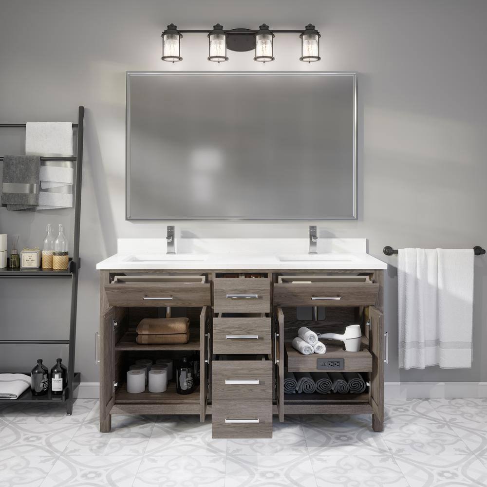 ART BATHE Kali 60 in. W x 22 in. D Bath Vanity in Gray ENGRD Stone Vanity Top in White with White Basin Power Bar and Organizer KA60FG