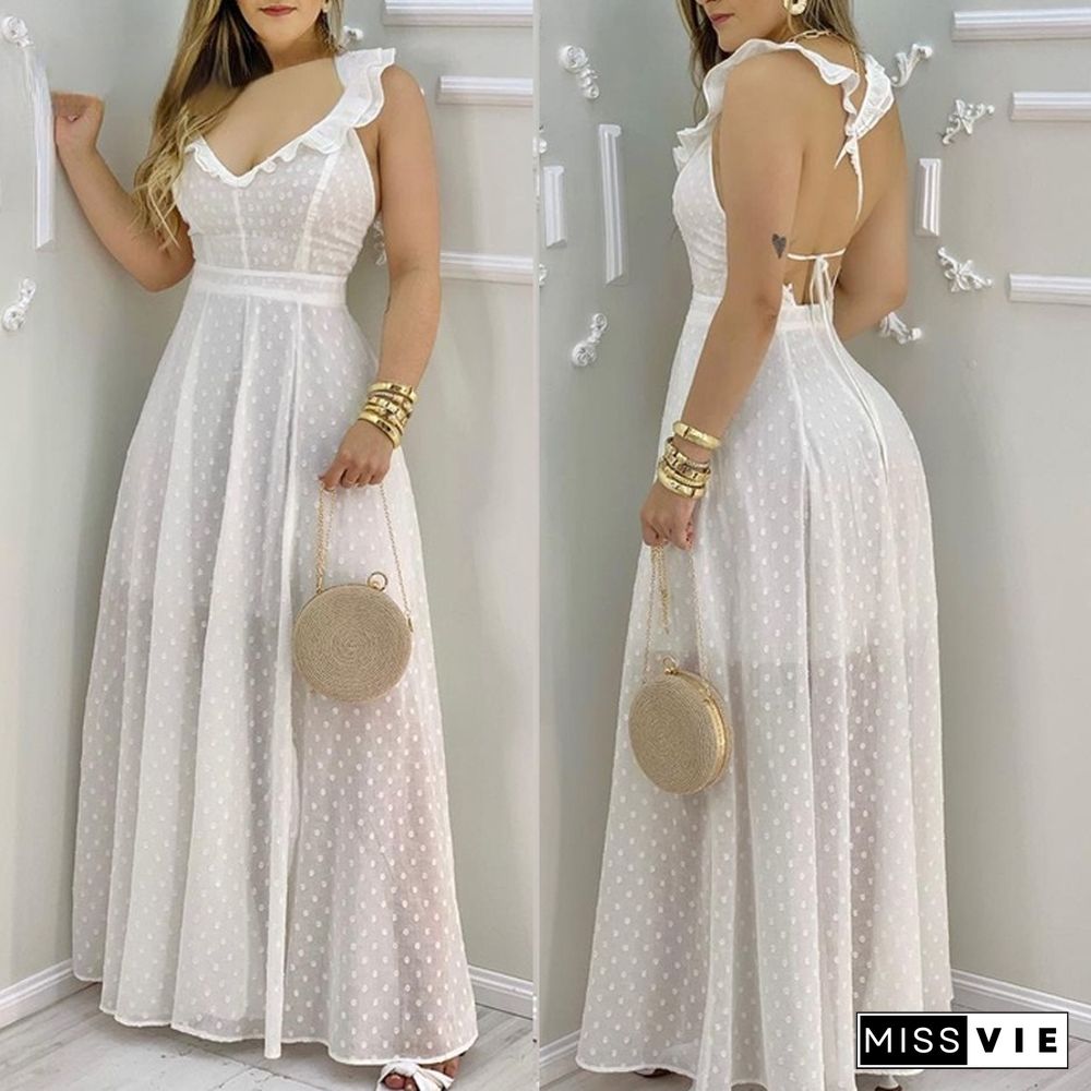 Sexy Open Back Summer Ladies Elegant Dress With Ruffled Hem Open Back Slit Long Skirt Mesh Dress