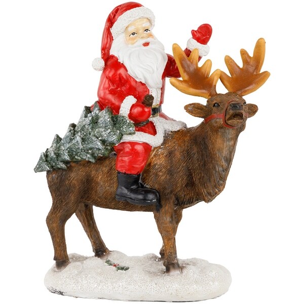 Santa Claus on a Reindeer Holding a Frosted Pine Tree Christmas Figurine