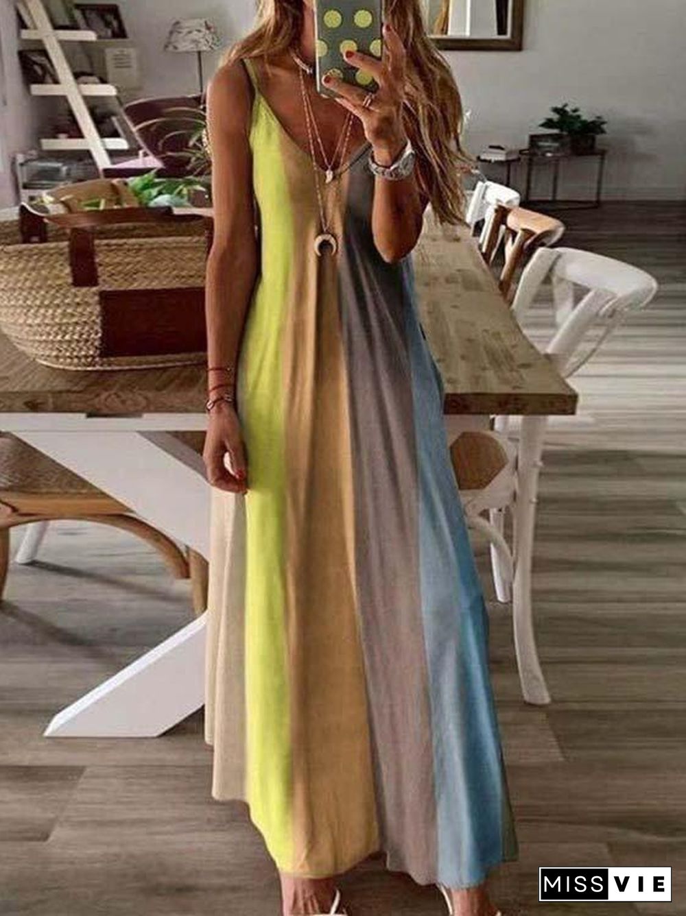 Women's Sleeveless V-neck Gradient Printed Maxi Slip Dress