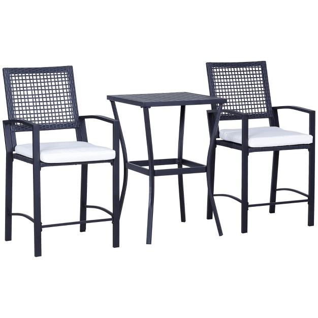 Outsunny 3pcs Patio Bar Set With Soft Cushion Rattan Wicker Outdoor Furniture Set For Backyards Lawn Deck Poolside