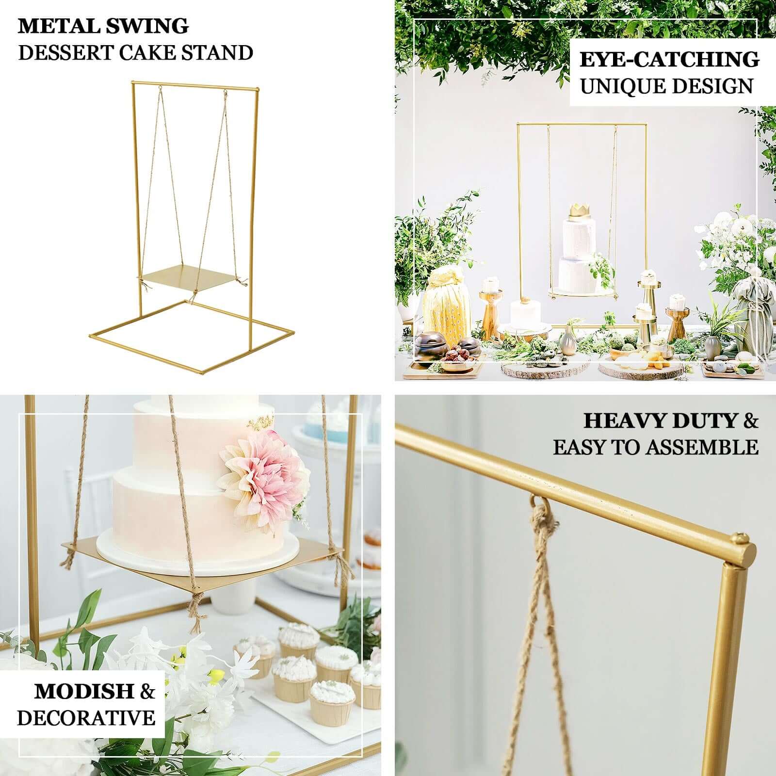 Gold Metal Hanging Dessert Display Centerpiece with Jute Rope, Cake Stand Swing 3ft Tall