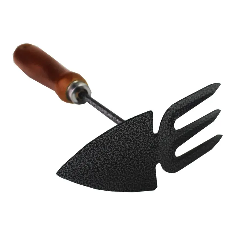 Multifunction Double Use Carbon Steel Mahogany Handle Garden Weeding Hoe with 3 Tines Fork