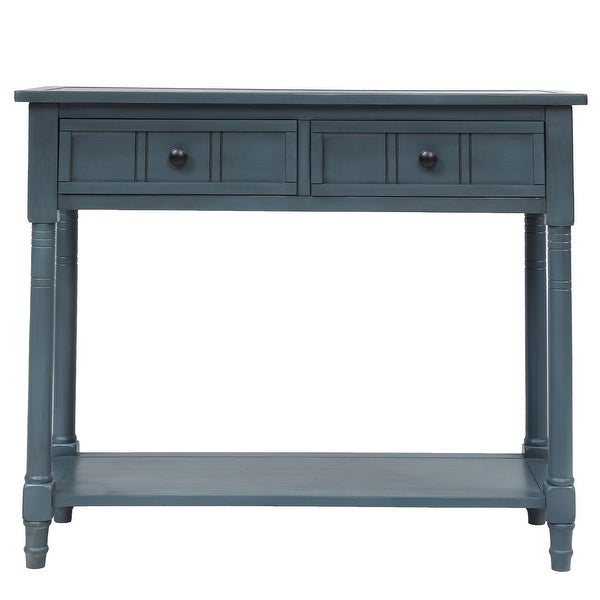 Console Table with 2 Drawers and Bottom Shelf Acacia Mangiu， Navy