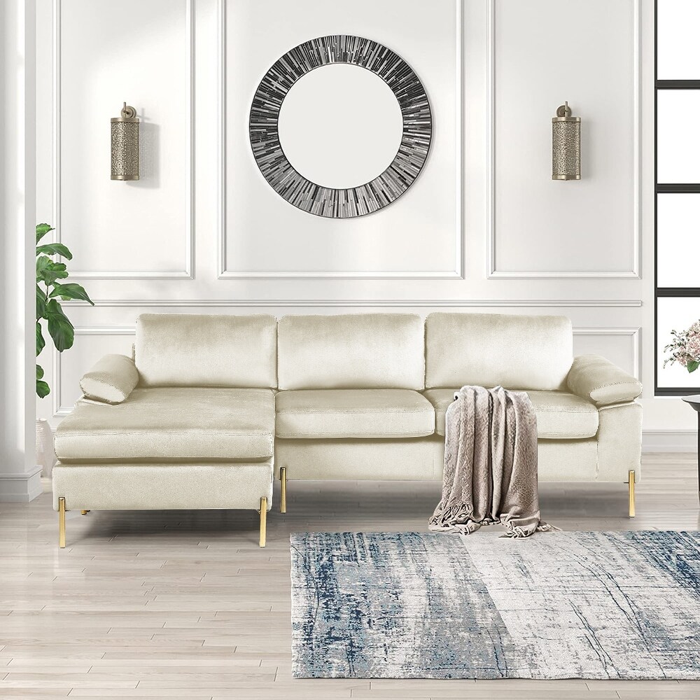 Modern Velvet Upholstered Sectional Sofa with Chaise and Metal Legs