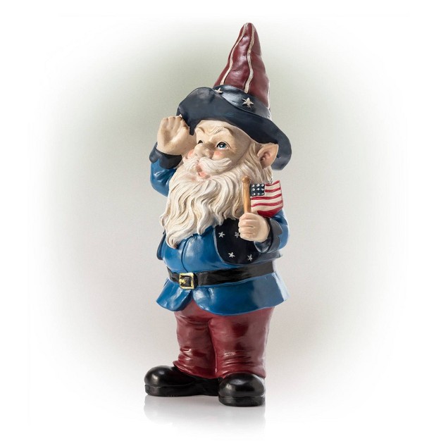 Polyresin stone Americana Saluting Gnome With Flag Red white blue Alpine Corporation