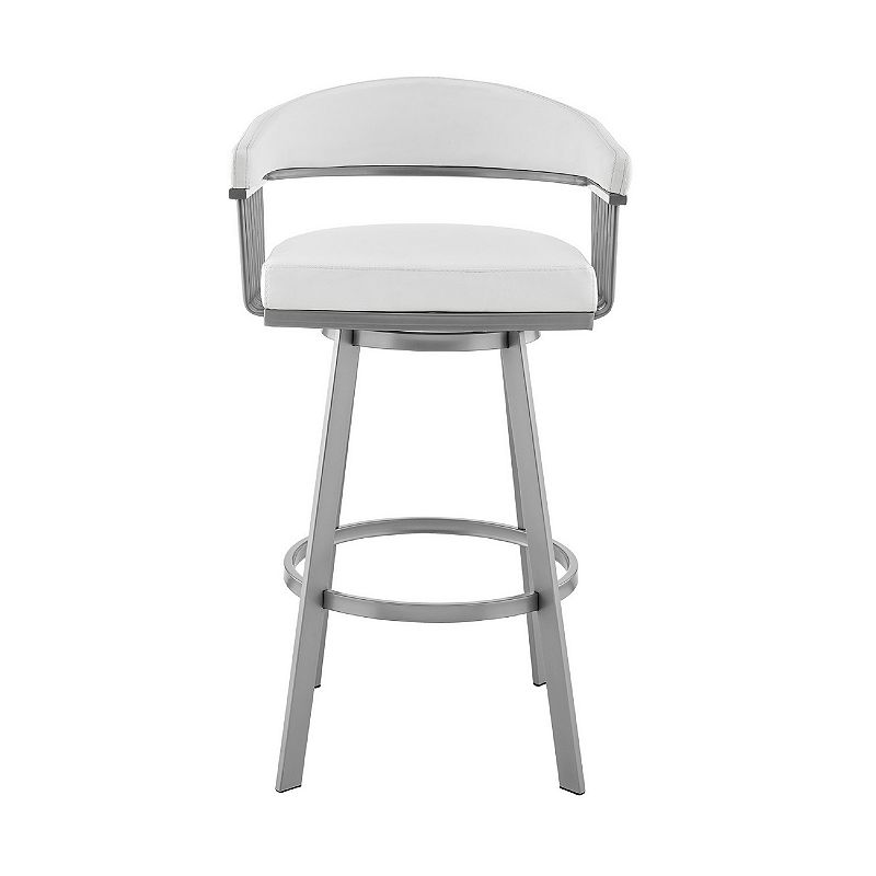 Swivel Barstool with Open Metal Frame and Slatted Arms， White and Silver