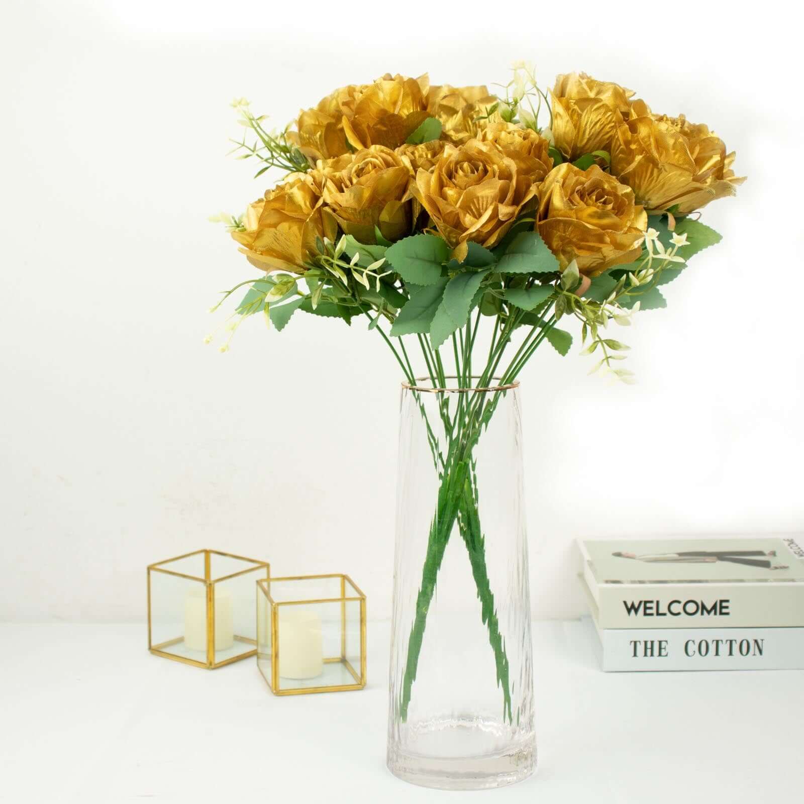 2 Bushes Gold Artificial Silk Rose Flower Arrangements, Real Touch Long Stem Flower Bouquet 18