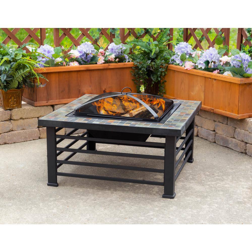 Pleasant Hearth Cascade Slate Top 34 in. Wx22.5 in. H Square Steel Wood Black Fire Pit OFW732S