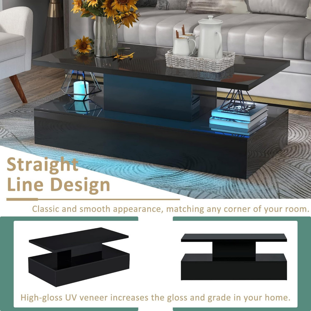 Modern Coffee Table  Rectangular Top With LED Lighting  High Gloss Black Finish   Modern   Coffee Tables   by Decor Love  Houzz