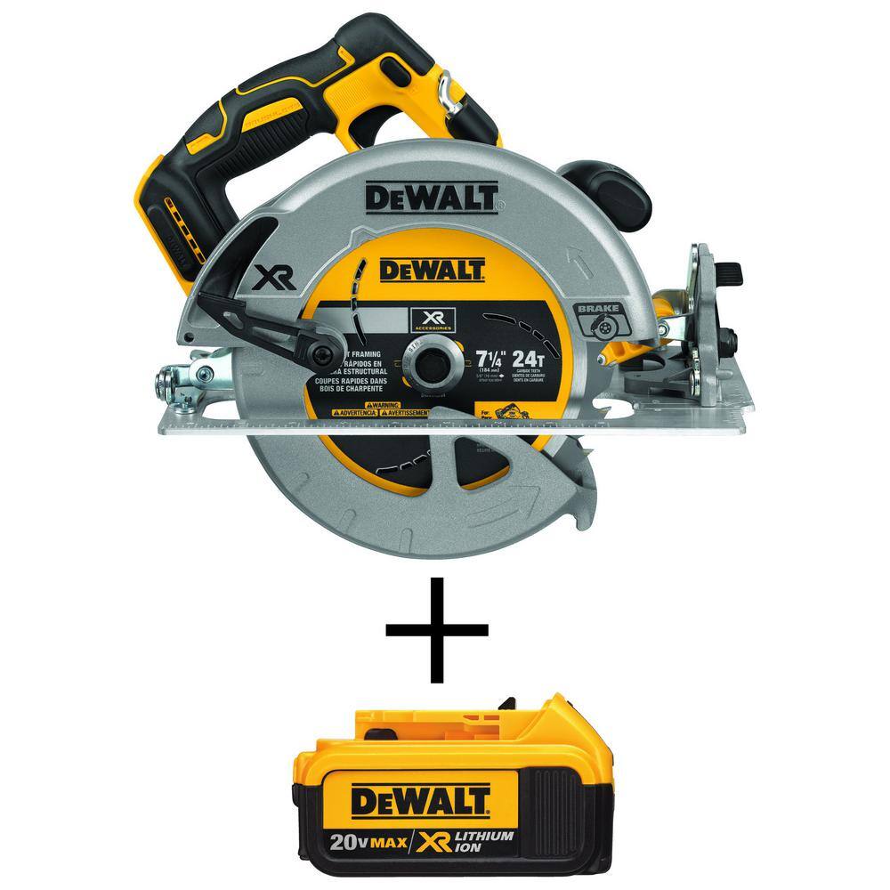 DW 20V MAX XR Cordless Brushless 7-14 in. Circular Saw and (1) 20V MAX XR Premium Lithium-Ion 4.0Ah Battery DCS570BW204