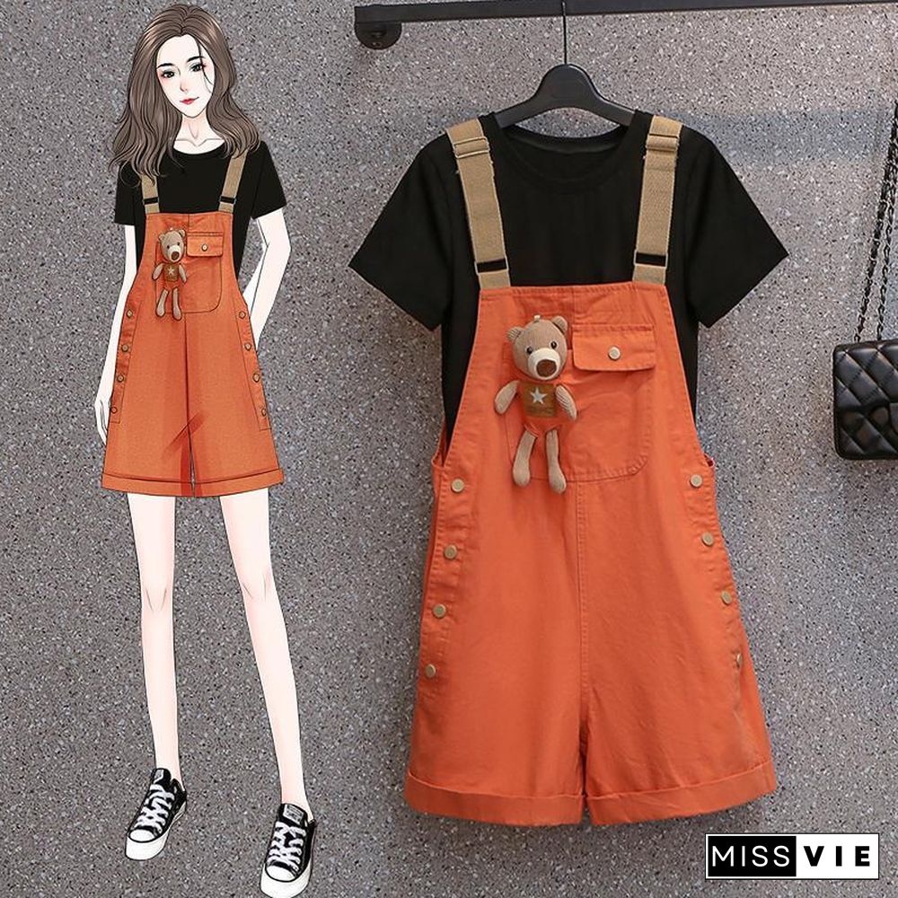 Solid Color Tee+Cute Bear Overalls P15081