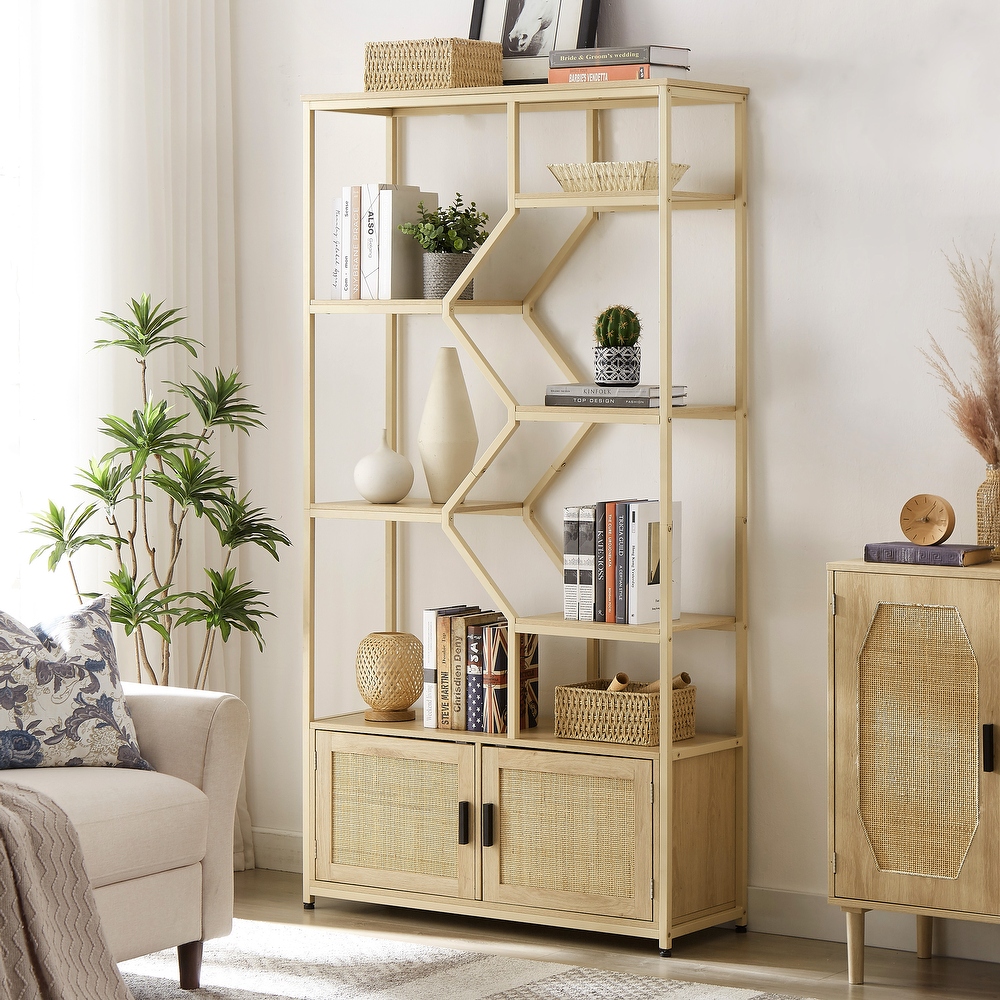 Natural Style Rattan Bookshelf  Plant Stand  7 Tier Bookcase Storage Rack with Cabinet  Display Shelf for Living Room  Office