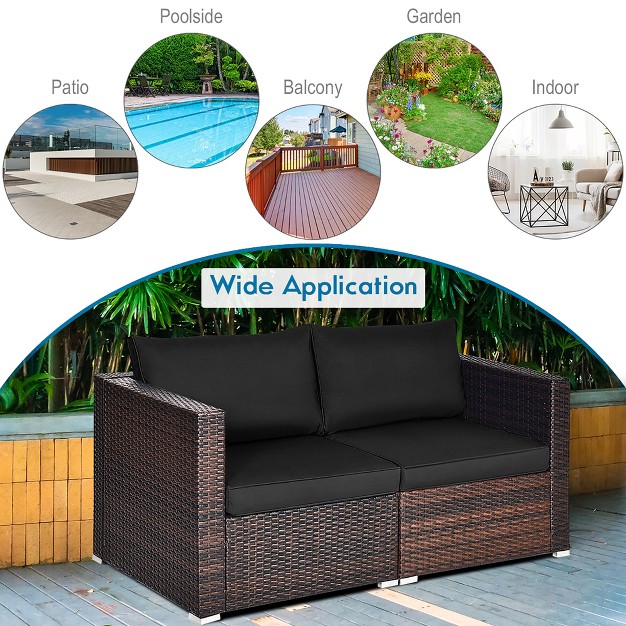 Costway 2pcs Patio Rattan Corner Sofa Sectional Furniture Set Black Cushion Black red