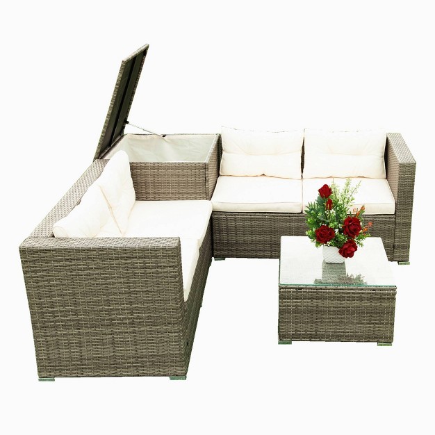 4pc All weather Wicker Patio Set With Cushions Gray beige Godeer Uv resistant Rust resistant Easy Assembly