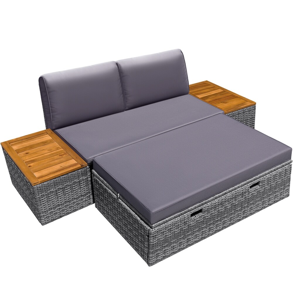 Furniwell Outdoor Daybed Patio Furniture Set Rattan Storage Conversation Set with Cushion and Side Table