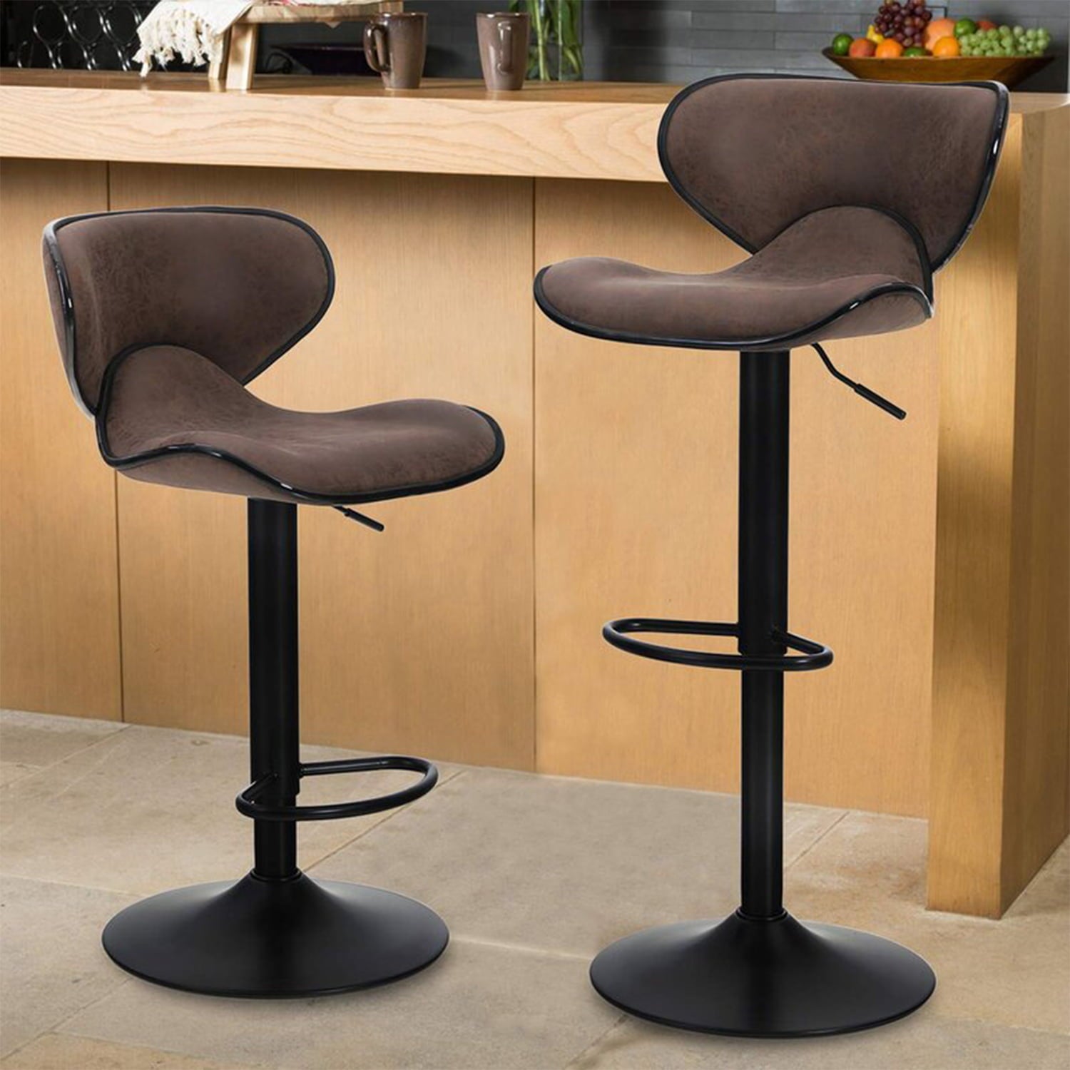 MF Studio 2PCS Metal Bar Stools Upolstered Counter Height Swivel Barstools with Back Support Adjustable Modern Pu Leather Seat and Back， Brown