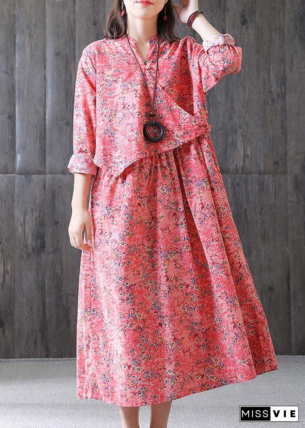 Italian cotton tunic dressFashion Floral Ethnic Loose V-neck Plus Size Dress