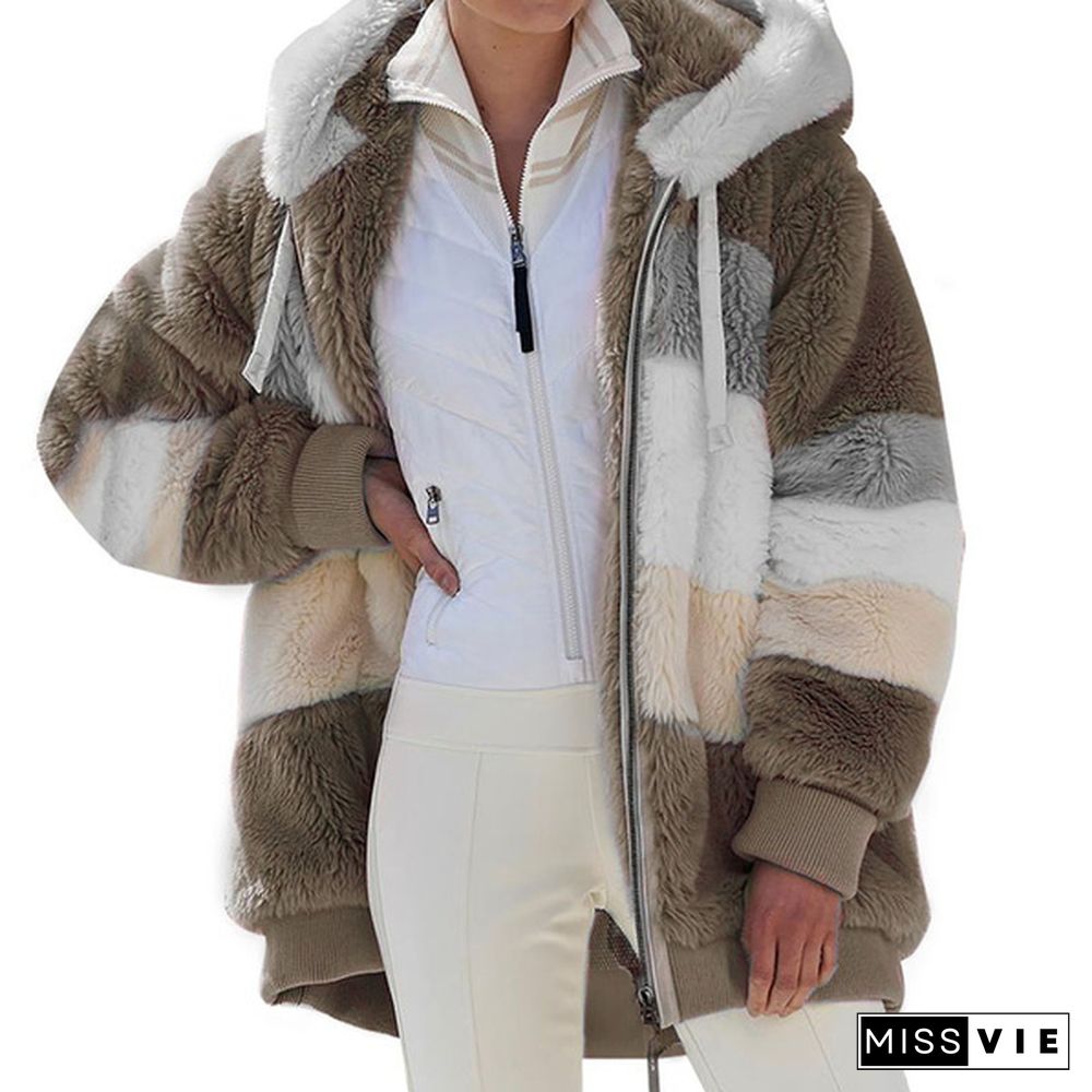 plus size women clothing,New Winter Women's Jacket Hooded Warm Plush Loose Jacket for Women Patchwork Winter Outerwear Faux Fur Zipper Ladies Parka Coat casacos de inverno feminino