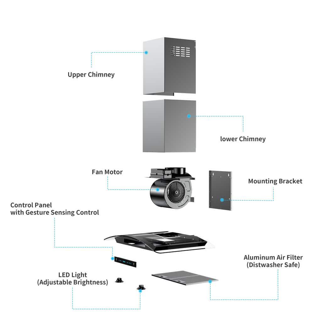 HisoHu 2952 in 780 CFM Ducted Wall Mount Range Hood in Stainless Steel and Glass With Gesture Sensing Control Function