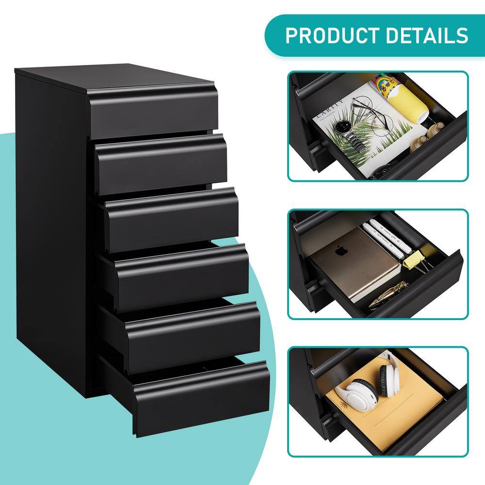 Mlezan 6 Drawer Metal Chest 16.5D x 11.8W x 25.6H Storage Cabinet in Black Under Desk Storage DBXL202228B