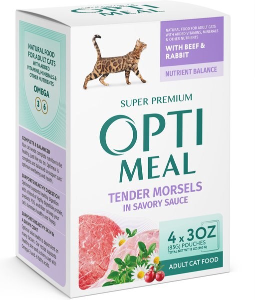 Optimeal Tender Morsels With Beef and Rabbit In Savory Sauce Recipe Wet Cat Food， 3-oz pouch， case of 24