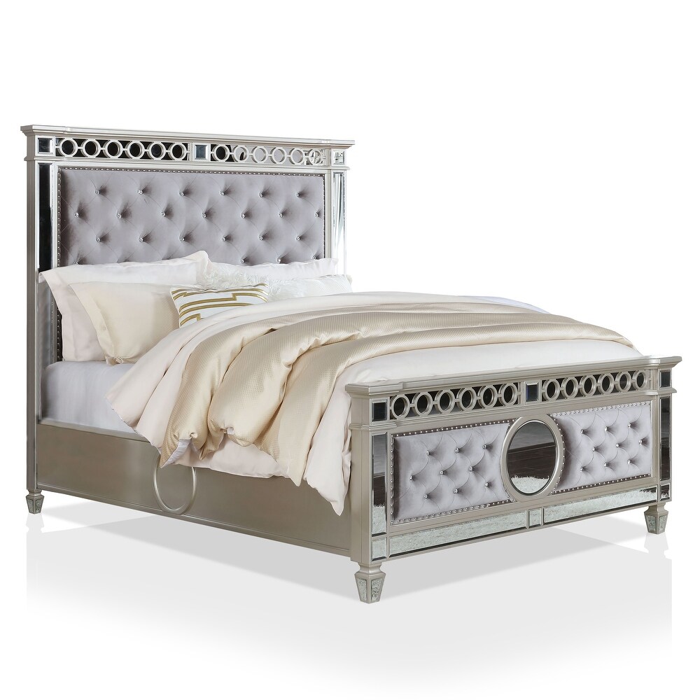 Alyah Glam Grey Wood 3 Piece Tufted Panel Bed and Nightstands Set with USB by Furniture of America