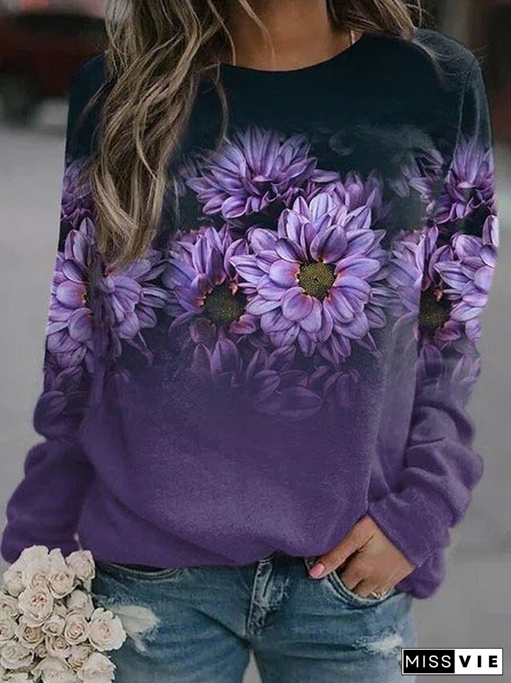 Loose Casual Crew Neck Floral Sweatshirt