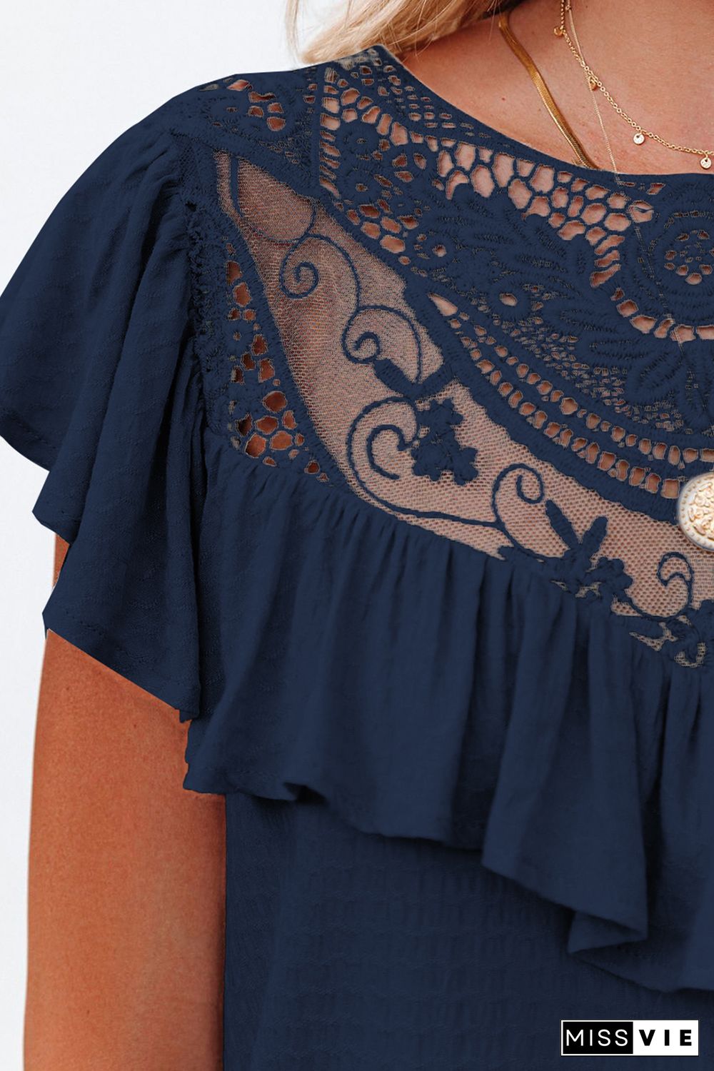 Navy Lace Splicing Ruffled Short Sleeve T-shirt