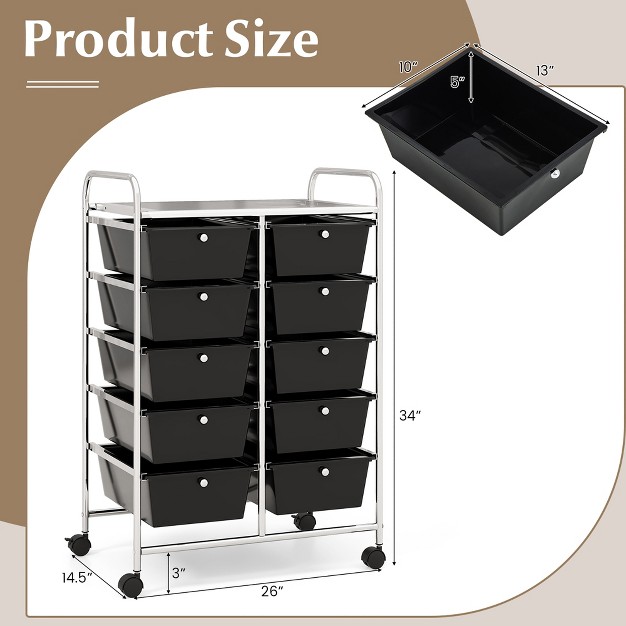 Tangkula 10 drawer Rolling Storage Cart Tools Scrapbook Paper Organizer On Wheels Black