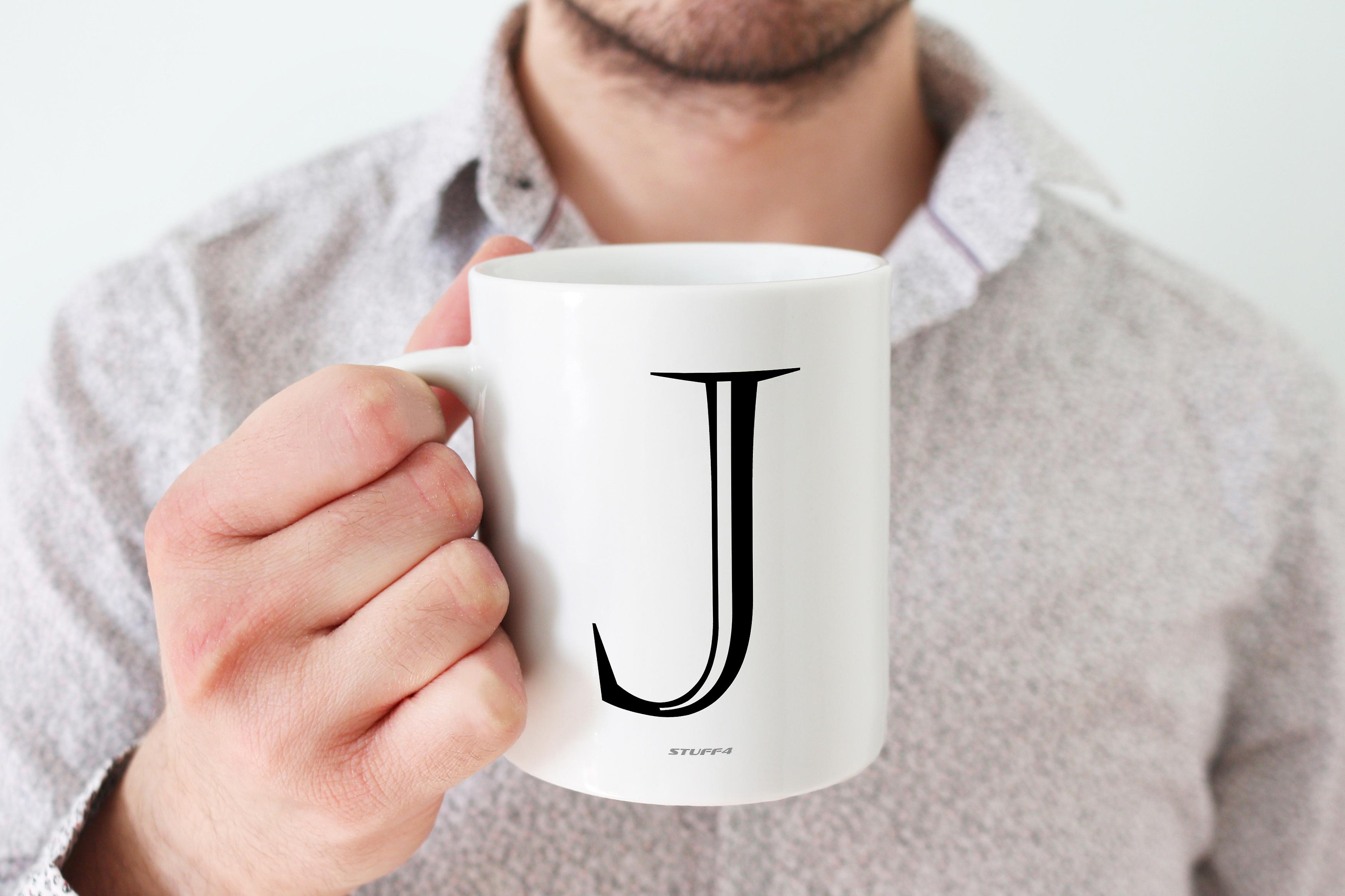 Personalised Initial Black J Mug Gifts Him Her Fathers Mothers Day Birthday Xmas 11oz Premium Cup