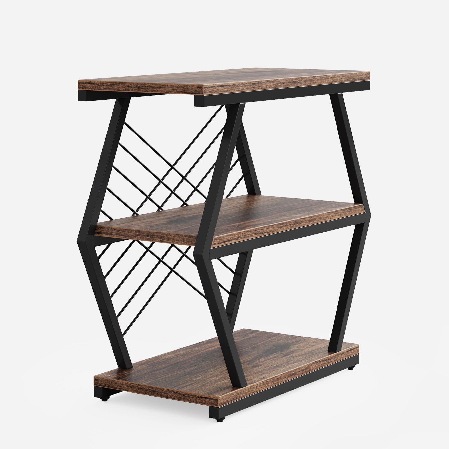 Industrial End Table Side Table with 3 Storage Shelves & Metal Frame