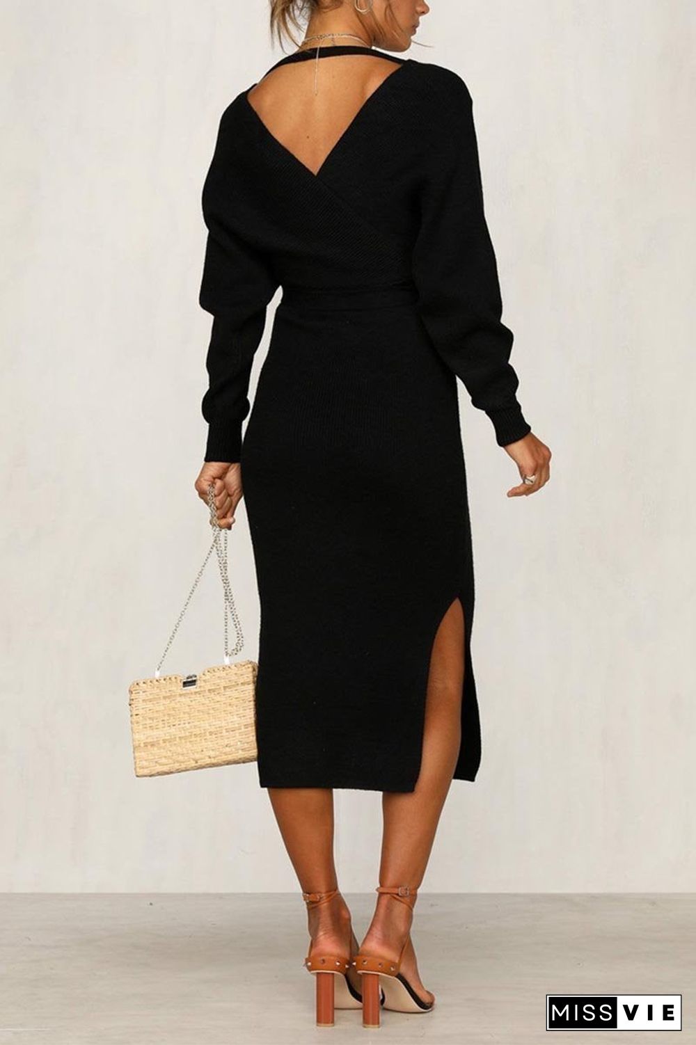 V Neck Backless Sweater Dress(5 Colors)