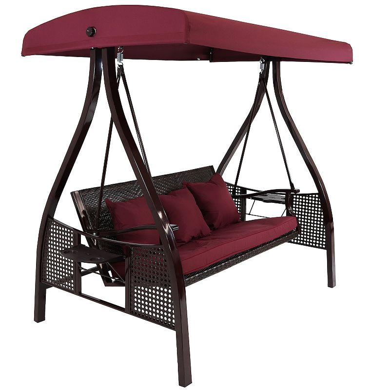 Sunnydaze 3-Person Steel Patio Swing Bench with Side Tables/Canopy - Merlot