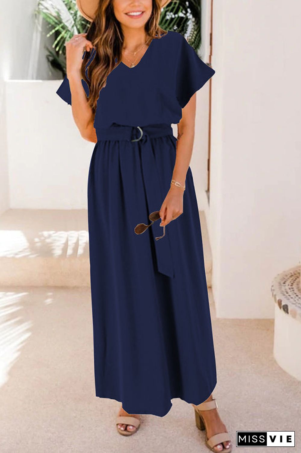 V Neck Belted Maxi Dress