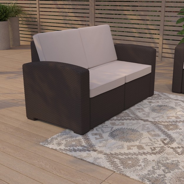 Merrick Lane Outdoor Furniture Resin Loveseat Chocolate Brown Faux Rattan Wicker Pattern 2 seat Loveseat With All weather Beige Cushions