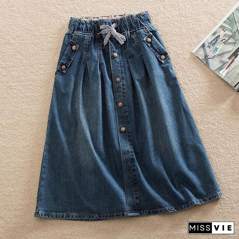 New Women Skirts Summer Lace Up Elastic Waist Denim Skirts Loose Casual Female A-Line Skirts Jeans Saia Faldas Plus Size7Xl