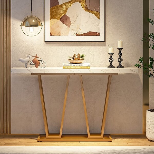 Faux Marble Wooden Console Table for Hallway， Entrance， White and Gold