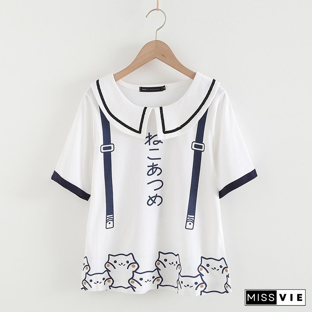 Cartoon Kitty Print Doll Collar T-Shirt