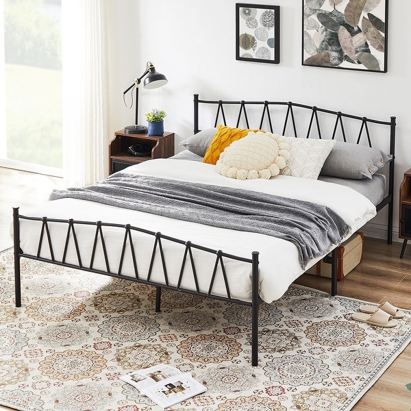 Industrial 3 Piece Bedroom Set Black Platform Bed Frame and Modern Brown Nightstands Set of 2 - - 36529080